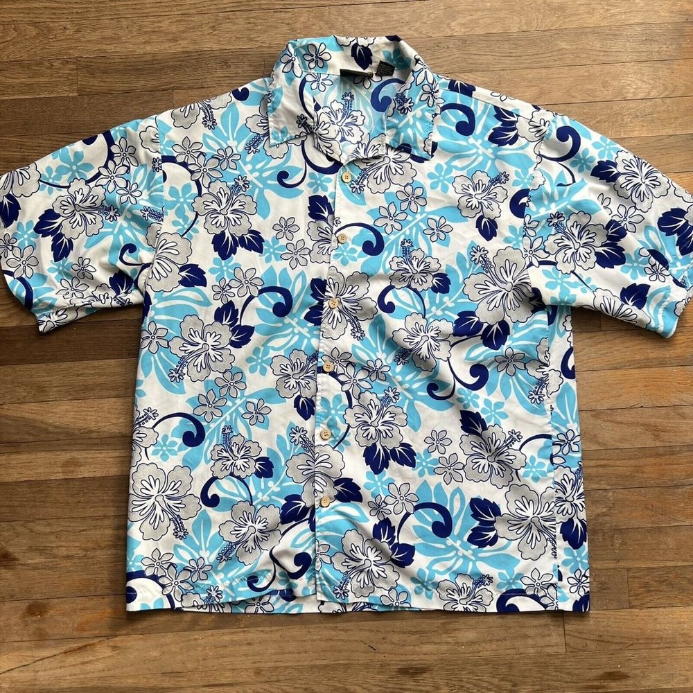 Odo Hawaiian Hibiscus Button Up Shirt Sz XXL Mens Blue White Short Sleeve
